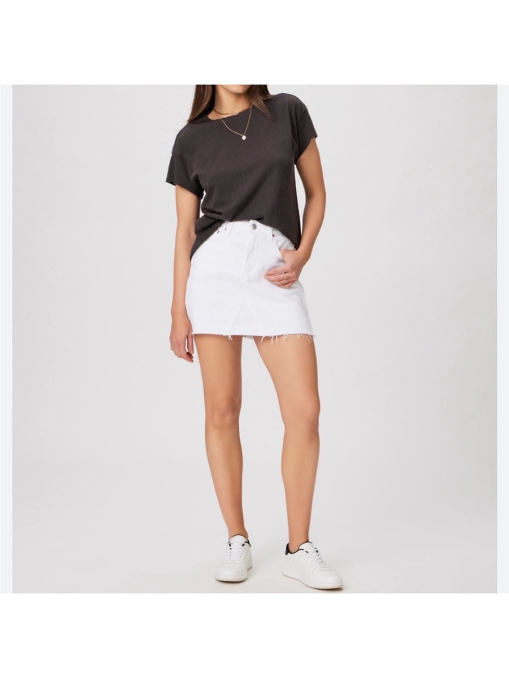PAIGE White Frayed-Hem Denim Skirt